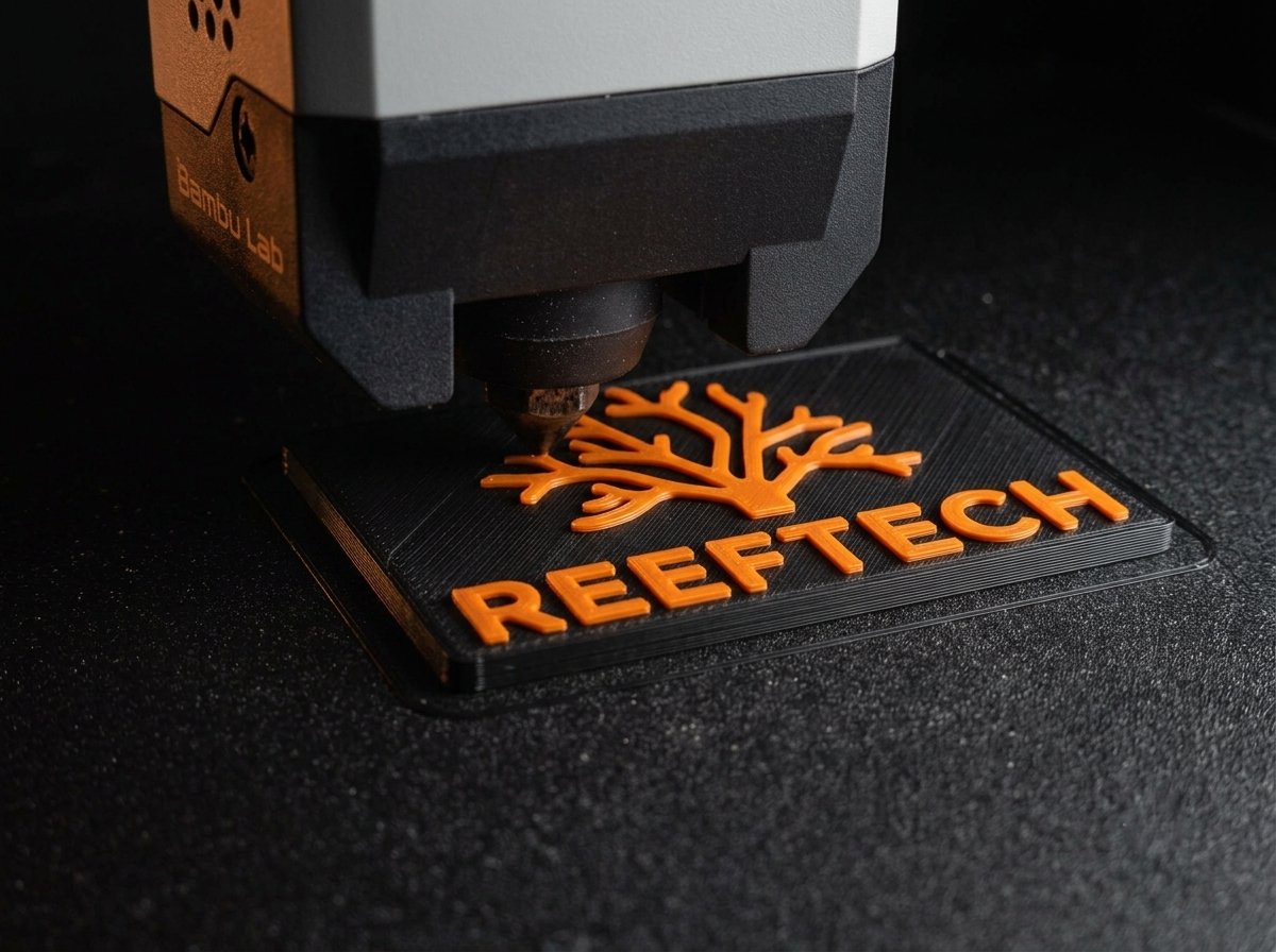 Boquilla de una impresora 3D Bambu Lab imprimiendo el logo de ReefTech
